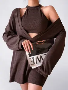 StyleCast Brown Halter Neck Top & Shorts With Pullover