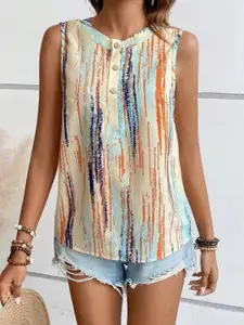 StyleCast Orange Abstract Printed Round Neck Sleeveless Opaque Casual Top