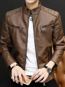 StyleCast x Revolte Men Mock Collar Solid PU Casual Leather Jacket