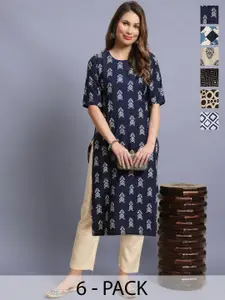 7Threads Women Pack of 6 Ethnic Motifs Printed Round Neck Kurta