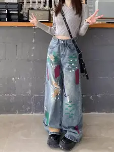 StyleCast x Revolte Women Wide Leg Low Distress Light Fade Jeans