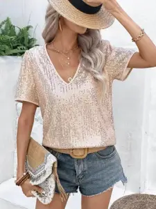 StyleCast Women Embellished Sequined V-Neck Short Sleeves Top