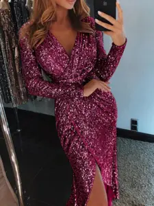 StyleCast Burgundy Sequin Wrap Midi Dress