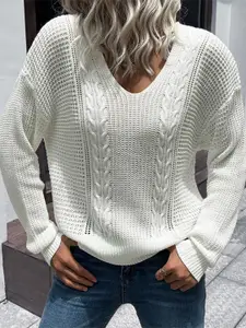 StyleCast White Cable Knit Self Design V-Neck Pullover