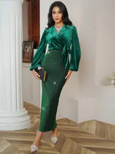 StyleCast Green Embellished V-Neck Puff Sleeves Tie-Ups Detail Bodycon Maxi Dress