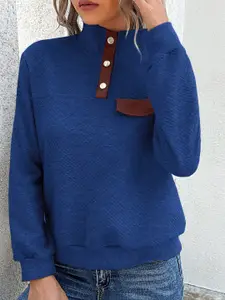 StyleCast Navy Blue Turtle Neck Self Design Sweatshirt