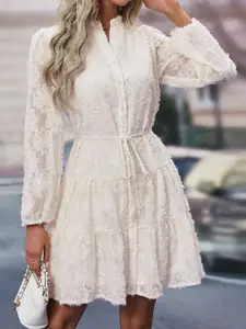 StyleCast Beige Self Design Cuffed Sleeves Fit & Flare Dress