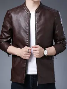 StyleCast x Revolte Men Mandarin Collar Solid PU Casual Windcheater Jacket