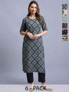 7Threads Women Pack Of 6 Geometric Printed Daily Straight Kurtas