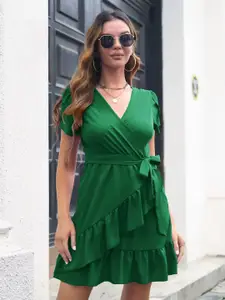 StyleCast Green Flutter Sleeves Ruffled Wrap Dress