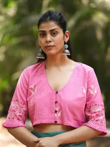 Chidiyaa MMG Lovely Lilacs Pink Handblock Printed Pure Cotton U-Neck Saree Blouse