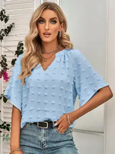 StyleCast Self Design Band Collar Flared Sleeves Casual Top