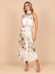 StyleCast White & Green Floral Printed A-Line Midi Dress