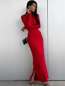 StyleCast Red Boat Neck Slit Detail Maxi Dress
