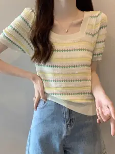 StyleCast Women Horizontal Striped Square Neck Top