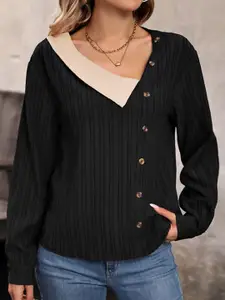 StyleCast Black Striped Long Sleeves Regular Top