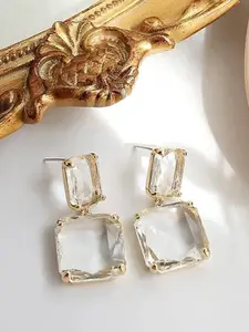SUBHAGALANKAR Gold-Plated Artificial Stones Studded Square Shaped Drop Earrings