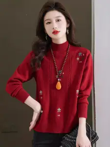 StyleCast Women Cable Knit Pullover with Embroidered Detail