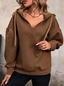 StyleCast Brown Self Design Hooded Pullover Sweatshirt