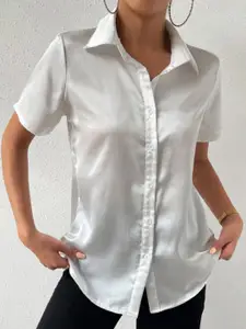 StyleCast Women Solid Satin Short Sleeves Opaque Casual Shirt