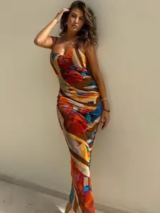 StyleCast Abstract Printed Shoulder Strap Ruched Maxi Dress