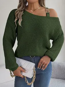 StyleCast Green Cable Knit Acrylic Pullover with Belted Detail