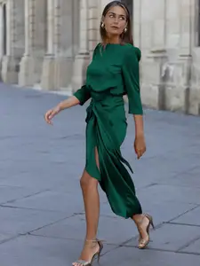 StyleCast Green Round Neck Wrap Midi Dress