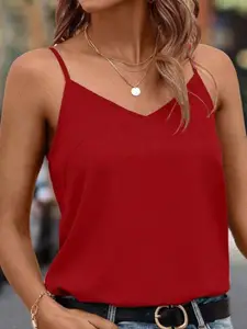 StyleCast Women Red Solid V-Neck Sleeveless Top