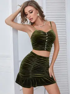 StyleCast Olive Green Shoulder Straps Ruched Velvet Crop Top With Skirt