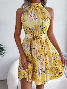StyleCast x Revolte Women Halter Neck Floral Print Bow Fit & Flare Dress