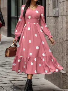 StyleCast Pink Polka Dot Print Puff Sleeve Fit & Flare Midi Dress
