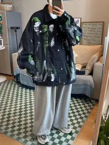 StyleCast x Revolte Men Spread Collar Abstract Printed Casual Denim Jacket