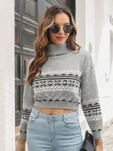 StyleCast Argyle Printed Turtle Neck Crop Pullover