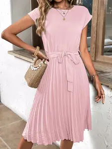 StyleCast Pink Round Neck Extended Sleeves Accordion Pleats A Line Dress