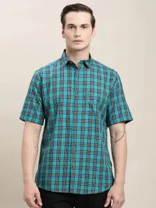 Turtle Men Relaxed Slim Fit Tartan Checked Spread Collar Cotton Casual Shirt