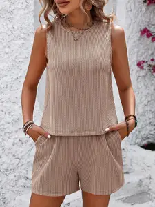 StyleCast x Revolte Khaki Colour Striped Round Neck Top with Shorts