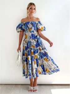 StyleCast x Revolte Floral Print Off-Shoulder Puff Sleeve Fit and Flare Midi Dress