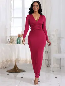 StyleCast Magenta V-Neck Gathered Bodycon Maxi Dress