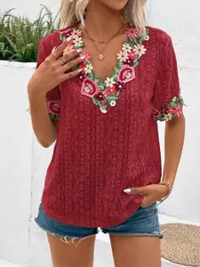 StyleCast x Revolte Maroon Floral Embroidered V Neck Top