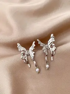 VAGHBHATT Silver-Plated Pearls Beaded Butterfly Shaped Drop Earrings