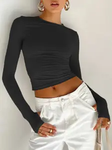 StyleCast Black Round Neck Long Sleeves Crop Fitted Top With Thumbholes