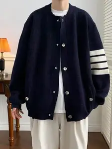 StyleCast x Revolte Men Front-Open Round Neck Solid Casual Sweaters