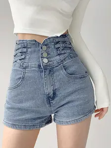 StyleCast Women Blue Washed High-Rise Denim Shorts