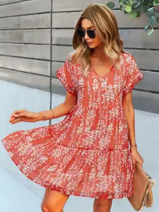 StyleCast Floral Print Puff Sleeve Chiffon Fit & Flare Dress