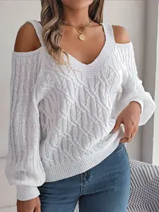 StyleCast White Cable Knit Cold Shoulder Acrylic Pullover
