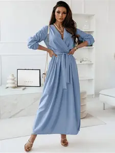 StyleCast Blue V-Neck Puff Sleeves Wrap Maxi Dress