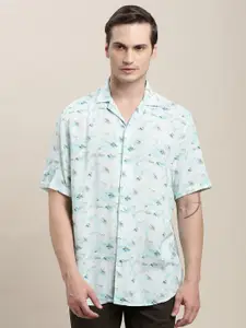 Turtle Men Relaxed Slim Fit Floral Printed Cuban Collar Cotton Casual Shirt