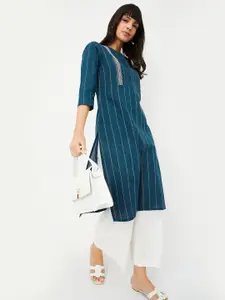 max Striped Embroidered Thread Work Straight Kurta