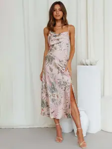 StyleCast Pink Floral Printed Shoulder Straps Satin A-Line Dress