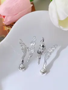 VAGHBHATT Silver-Plated Pearls Beaded Butterfly Shaped Drop Earrings